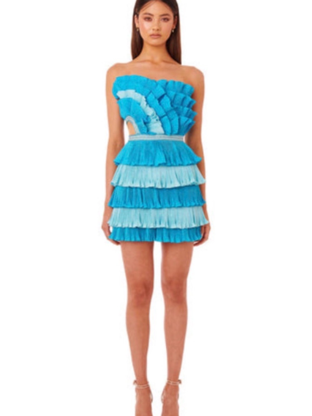 Strapless Tiered Mini Dress in Aqua Blue